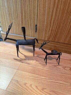Two Antique Brutalist Wrought Iron Blackbuck Similar Antelope Candleholders
